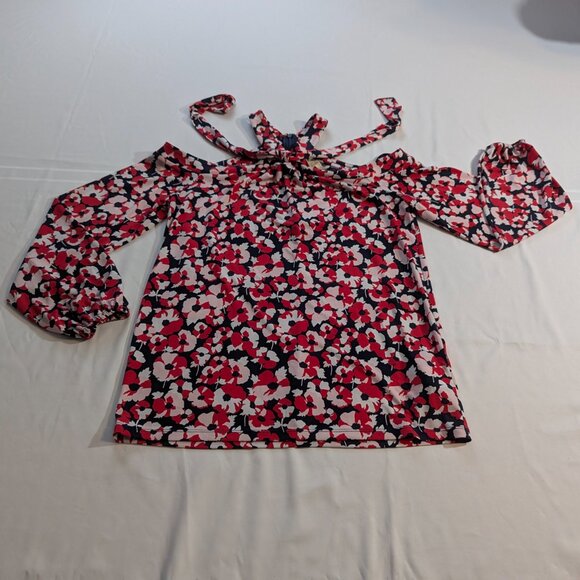 Michael Kors Size XS Black/Red/White Floral Cold Shoulder Blouse With Neck Tie - Picture 13 of 16